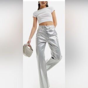 Abercrombie Fitch Metallic Silver Curve Love Ultra High Rise 90s Straight Jeans